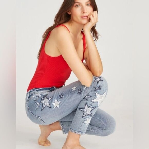 Free people Driftwood JACKIE Embroidered Star bandana Jeans Sz 25 NWT - Picture 1 of 2
